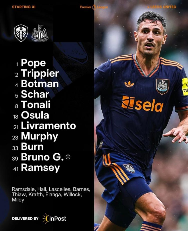 华体会官方网站入口-纽卡公布对阵利兹联首发：托纳利领衔，伊萨克继续缺战